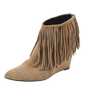 elyse walker Tan Suede Fringe Wedge Ankle Boots Pointed Toe Spain Womens 40/ 9.5
